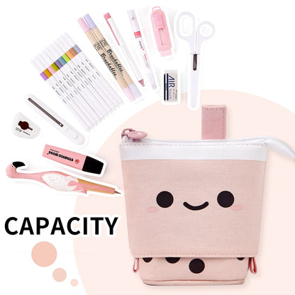 ANGOOBABY Standing Pencil Case Cute Telescopic Pen Holder Kawaii Stationery Pouch Makeup Cosmetics Bag for School Students Office Women Teens Girls Boys Christmas Gift (Pink)