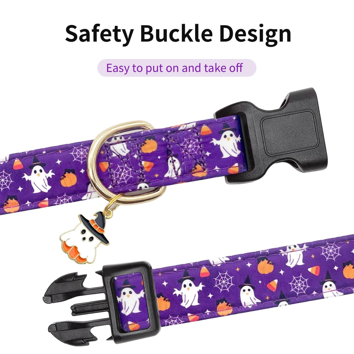 Gelwoo Fall Dog Collar,Soft and Cute Halloween Collars with Ghost Patterned Design for Girl Female Boy Dogs,Adjustable Buckle Pet Collar for Small Medium Large Dogs (Purple Ghost, S)
