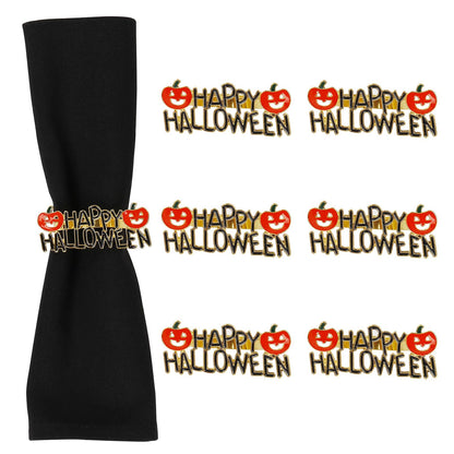 Getfitsoo Halloween Napkin Rings Set of 6, Happy Words With Orange Pumpkin Holders, Gold Metal Buckles for Party Decorations, Home Kitchen Dinner Table Setting