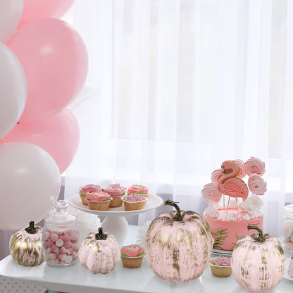 7 Pcs Assorted Artificial Gold Brushed Pink Pumpkins Rustic Decorative Foam Pumpkins for Fall Halloween Harvest Wedding Baby Shower Tabletop Centerpiece Mantel Kitchen Decoration