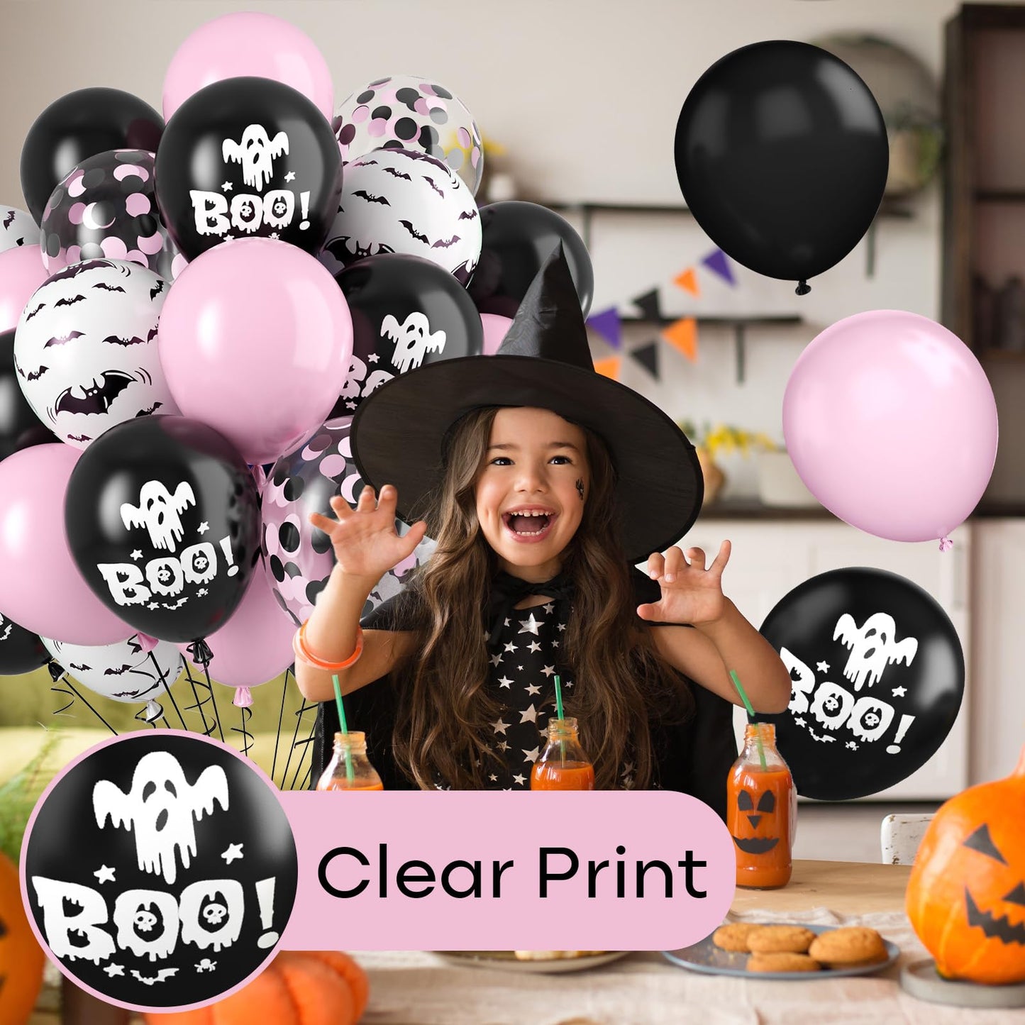FunHot Halloween Party Balloons, 60Pcs Pink Black Halloween Balloon, 12 Inch Black Pink Confetti Balloons Bat Ghost BOO Printed Pattern Balloon with Ribbons for Kids Birthday Halloweens Decoration