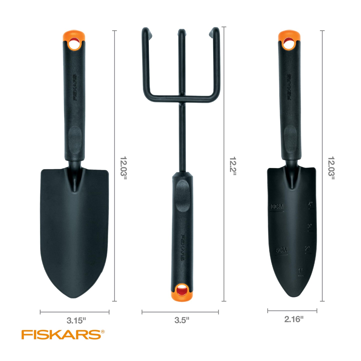 Fiskars 3-Piece Garden Tool Set - Trowel, Transplanter, Cultivator, Rust-Resistant Steel Heads, Ergonomic Handles for Planting, Digging, and Aerating Soil