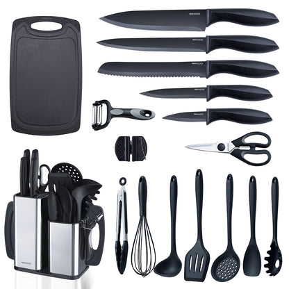 RAXCO Kitchen Utensils Set,18-Piece Cooking Tools and Sharp Knives,Stainless Steel Holder and Cutting Board