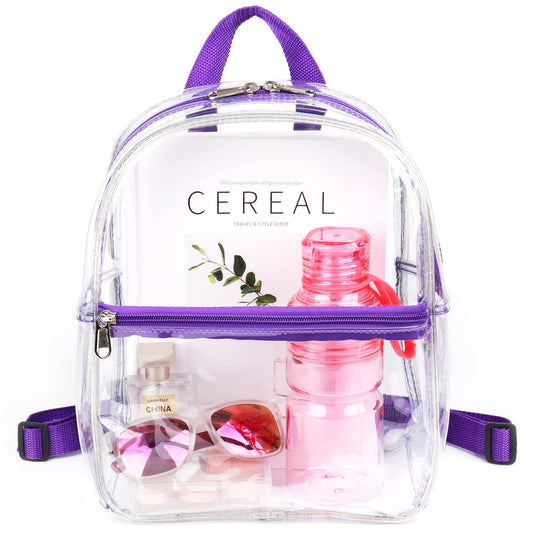 Keepcross Purple Small Mini Clear Backpack for Girls Kids - Cute Plastic Clear Bag Stadium Approved Great for Festival Sport Events Concerts Beach Travel
