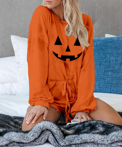Halloween Pjs Womens Ruffle Long Sleeve Tops and Short Sets Pumpkin Halloween Pajamas BP L