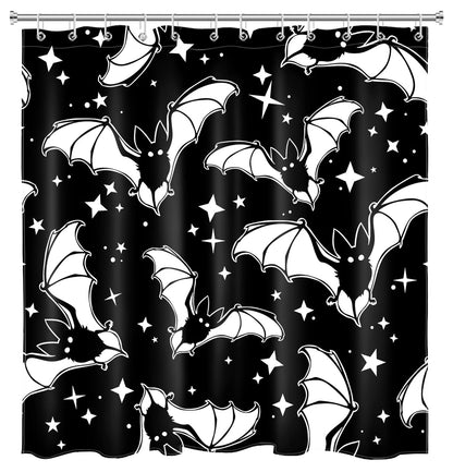 LB Spooky Halloween Shower Curtain Decor, Gothic Horror Halloween Black and White Bats Shower Curtains 72X79 inch Polyester Fabric Bathroom Decoration Bath Curtains Hooks Included