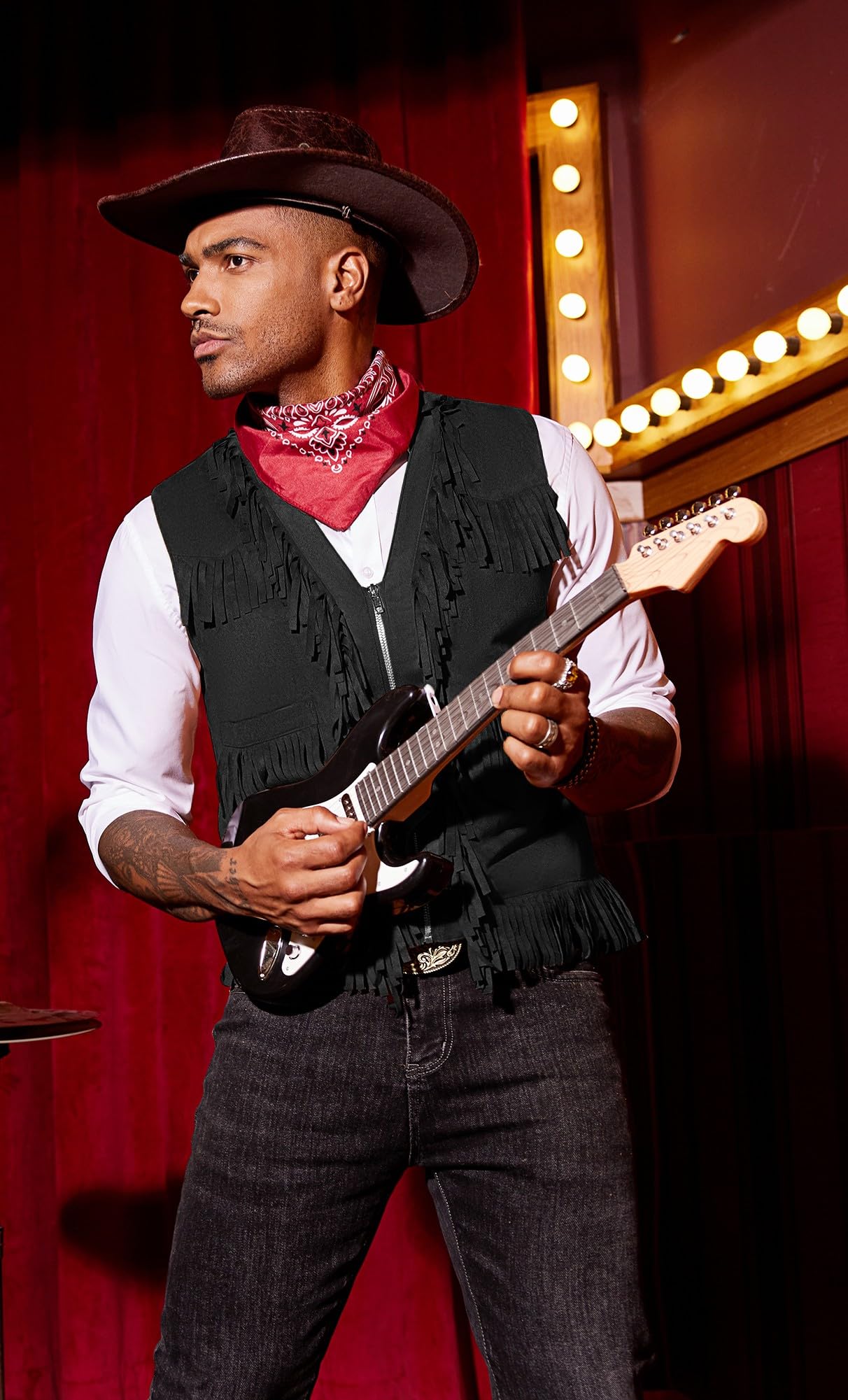 COOFANDY Men's Western Cowboy Vest Halloween Fringe Hippie Costume V Neck Zipper Suede Leather Waistcoat