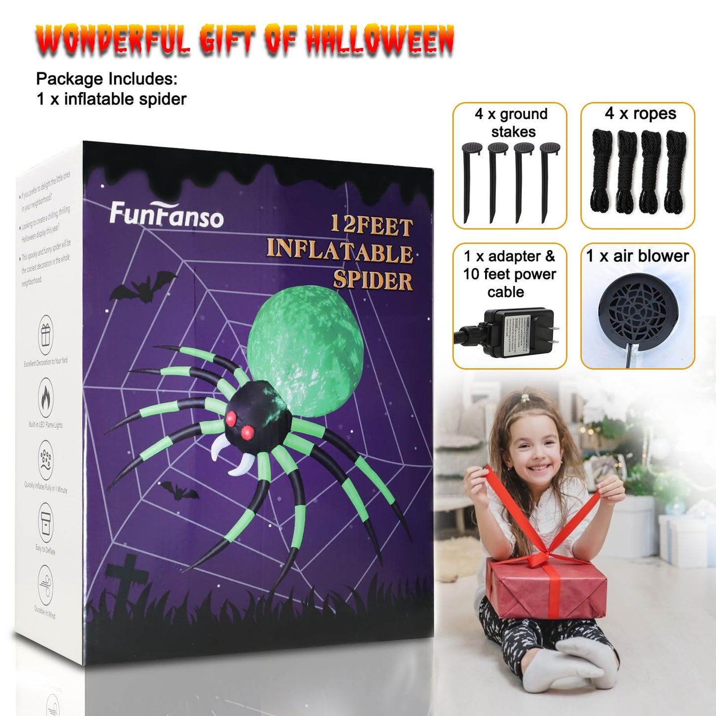 12FT Halloween Inflatables Spider Outdoor Decorations, Giant Blow Up Spider with Flame Lights & Red Glowing Eyes, Large Crawling Green Spider Props for Halloween Party Yard Garden Lawn Roof Decor