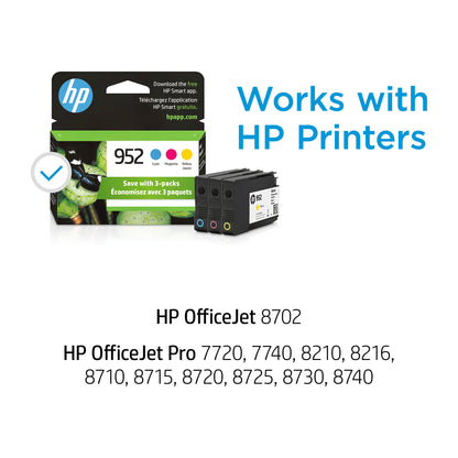 HP 952 Cyan, Magenta, Yellow Ink Cartridges (3-pack) | Works with Printer Series: OfficeJet 8702, HP OfficeJet Pro 7720, 7740, 8210, 8710, 8720, 8730, 8740 | Eligible for Instant Ink | N9K27AN