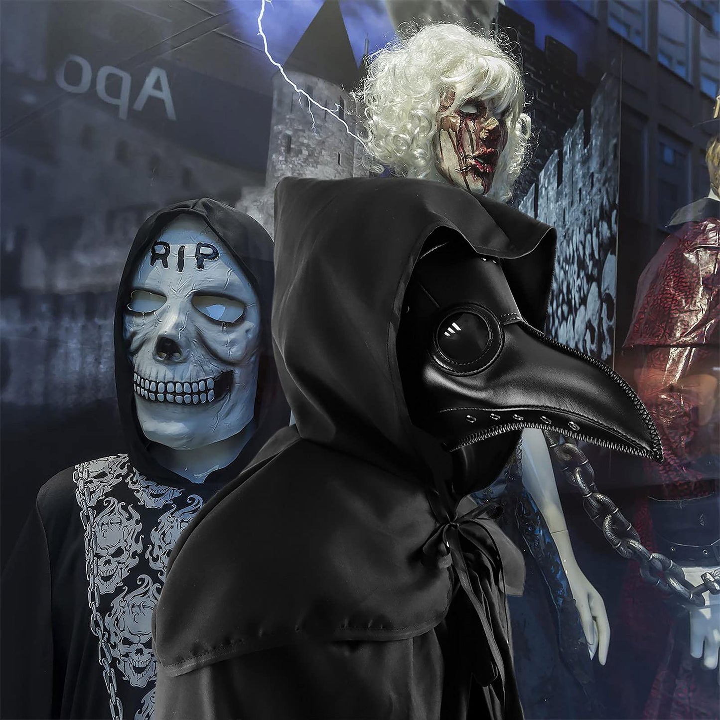 Halloween Plague Doctor Mask Plague Doctor Costume Obito Mask Steampunk Halloween Mask Horror Scary Halloween Mask Costume Props for Party Prom Halloween Gifts Set（3-pc Set） (Black), 12 inches