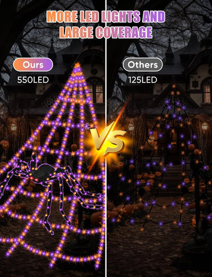 Spider Web Halloween Decorations Lights - 550 LEDs Outdoor Giant Halloween Decor 16.4ft Spider Web with 4ft Light-up Spider, 8 Modes, Waterproof&Timer for Yard Garden, Outside Party (with Spider)