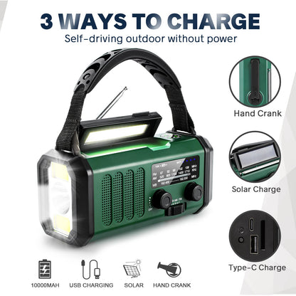 10000mAh Hand Crank Emergency Radio, NOAA Weather Radio with AM/FM & solar Radio, Rechargeable Battery, Flashlight & Reading Light, SOS Alarm, Compass Cell Phone Charger for Indoor Outdoor Emergencies