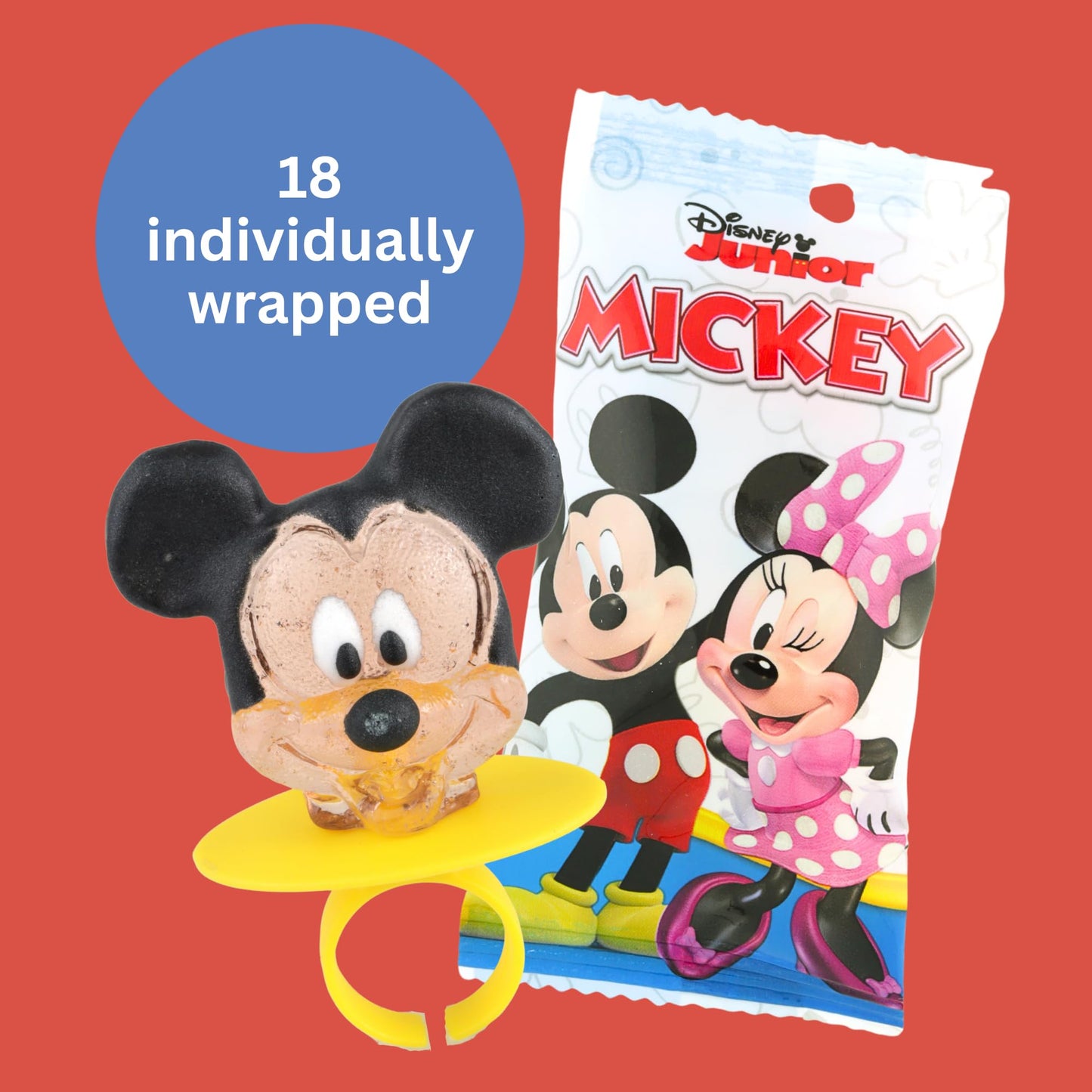 Disney Junior Lollipop Rings, Mickey Mouse, Minnie, and Pluto, Individually Wrapped for Birthday Party Favors, 18 Count