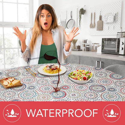 Covers For The Home Deluxe Elastic Edged Flannel Backed Vinyl Fitted Table Cover - Multi-Color Geometric Medallion Pattern - Large Round - Fits Tables up to 45" - 56" Diameter