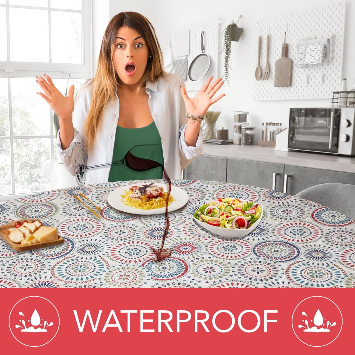 Covers For The Home Deluxe Elastic Edged Flannel Backed Vinyl Fitted Table Cover - Multi-Color Geometric Medallion Pattern - Large Round - Fits Tables up to 45" - 56" Diameter