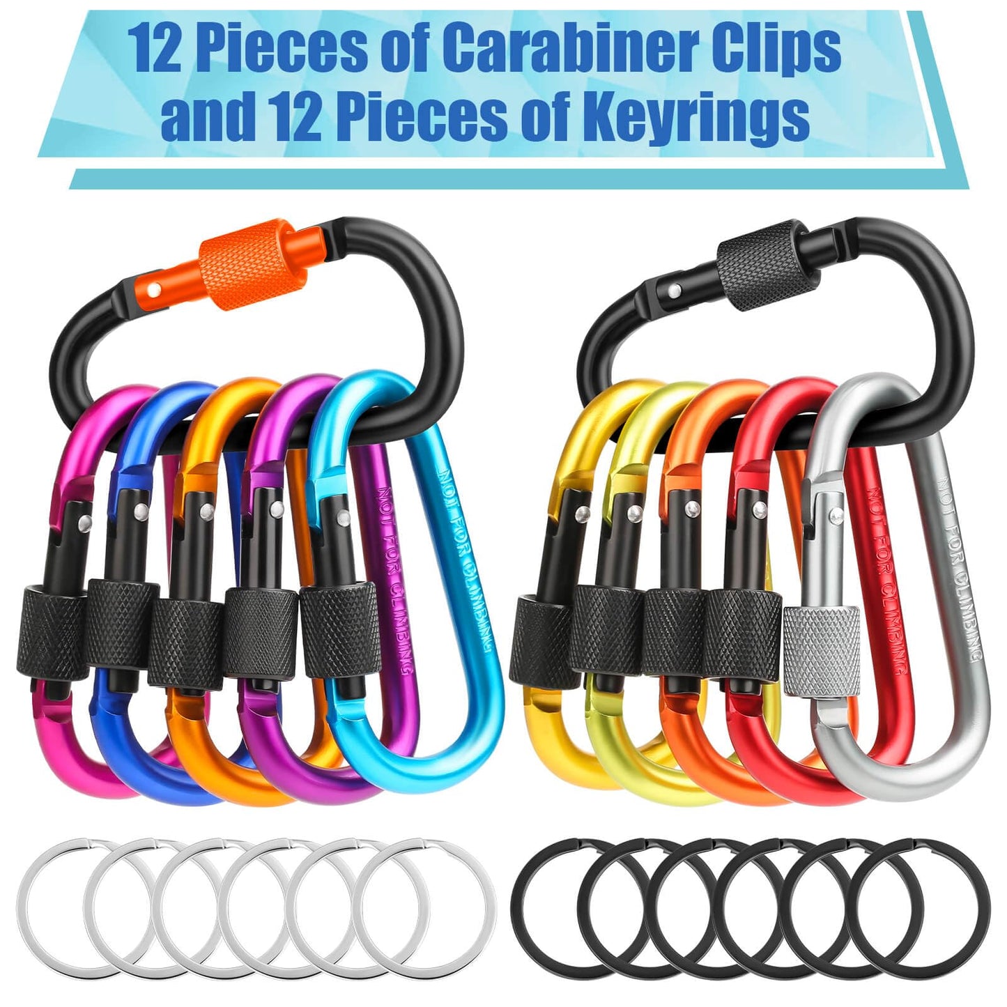 Cridoz Carabiner and Keyring Set, 12PCS Metal D Ring Carabiner Clips with 12PCS Heavy Duty Key Rings for Keys, Bottles, Backpacks (Multicolors)