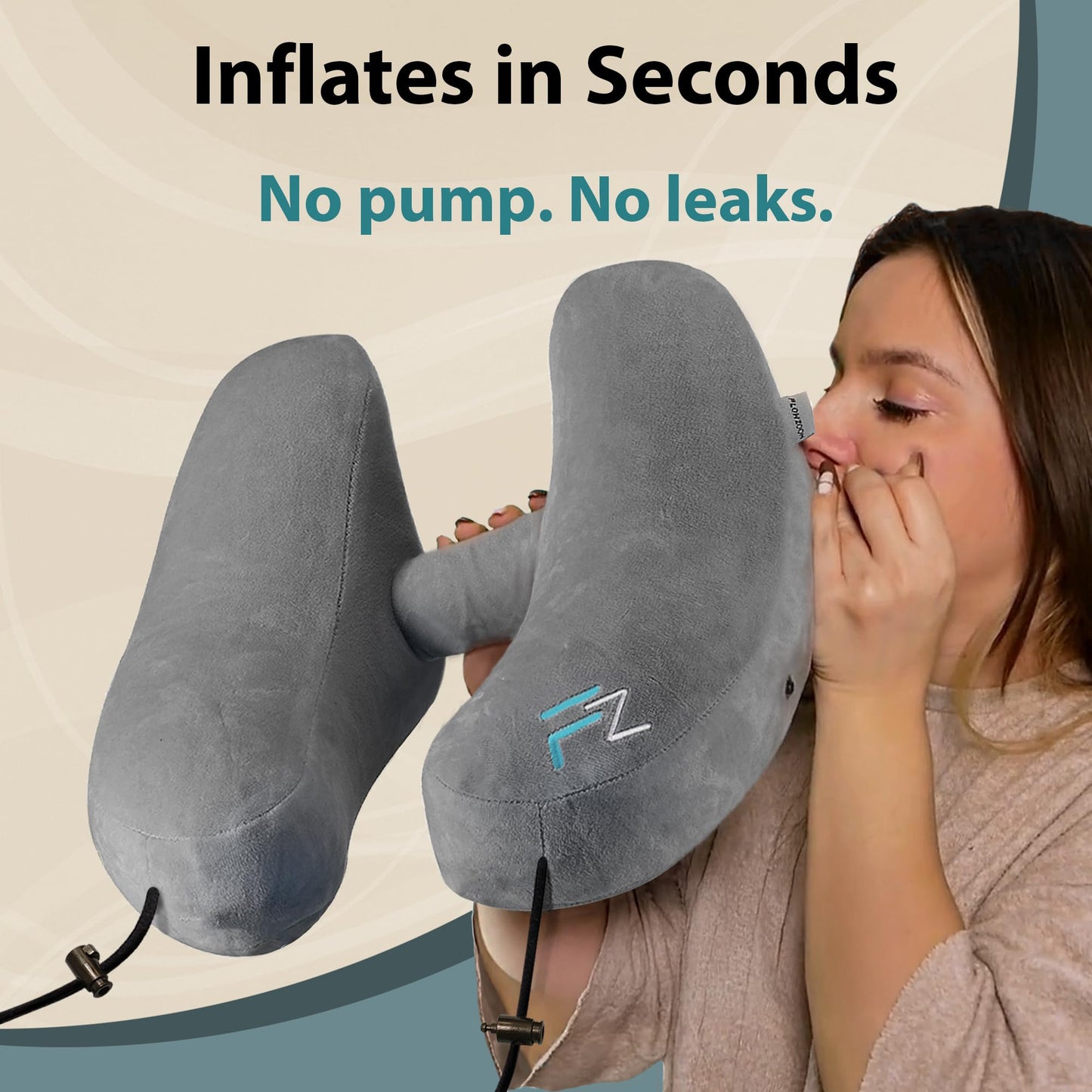 FLOWZOOM Air Inflatable Neck Pillow for Traveling on Plane - H-Shape Hooded Travel Pillow with 5 Snooze Modes, Fast Inflation, Pressure Control, Cozy Clip-On Hood & Plushy Cover - Size L, Silver Gray