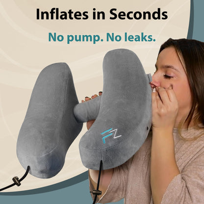 FLOWZOOM Air Inflatable Neck Pillow for Traveling on Plane - H-Shape Hooded Travel Pillow with 5 Snooze Modes, Fast Inflation, Pressure Control, Cozy Clip-On Hood & Plushy Cover - Size L, Silver Gray