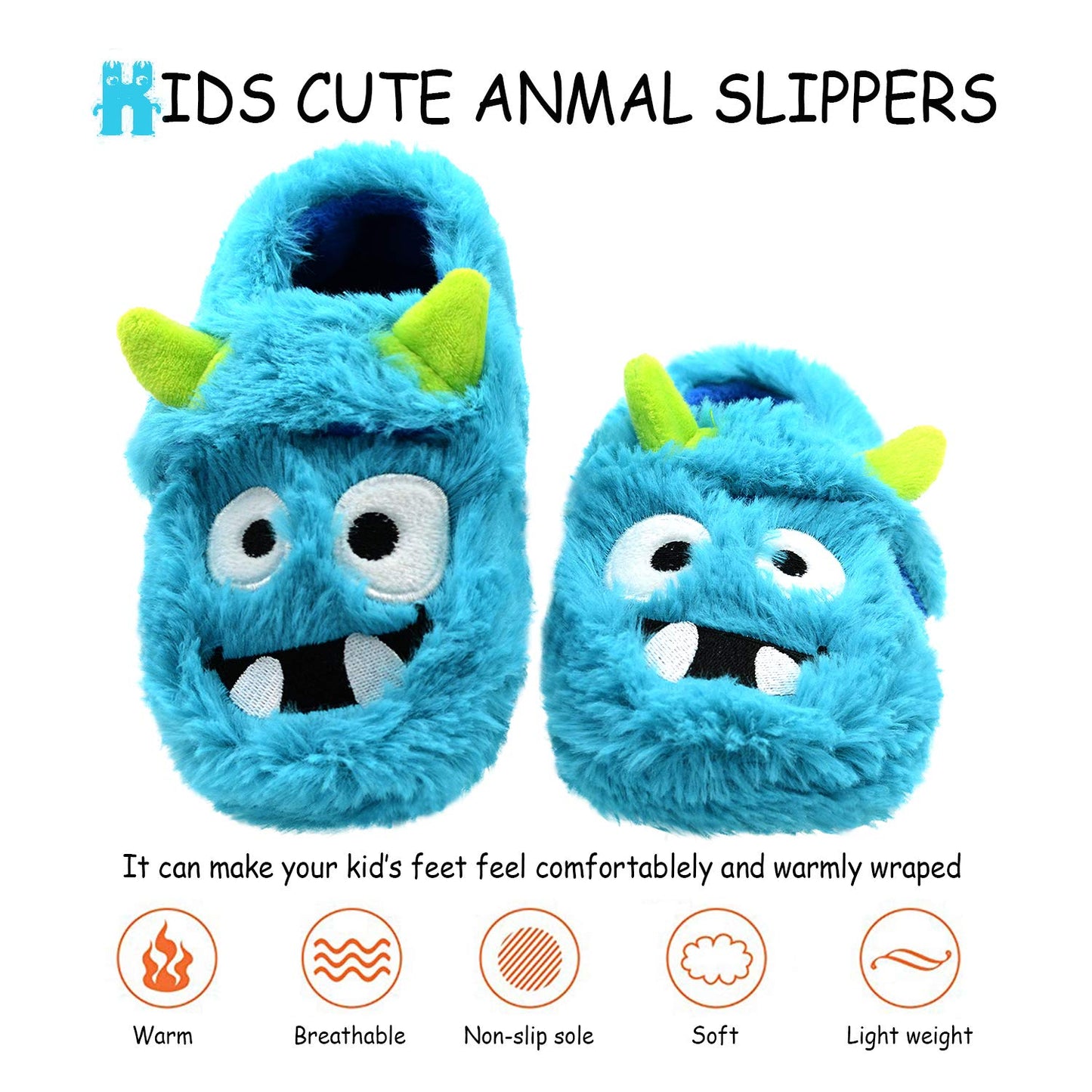 LA PLAGE Boys Slippers for Kid Cotton-Shaped Monster Upper House Cartoon Slippers Size Toddler 9 US Blue