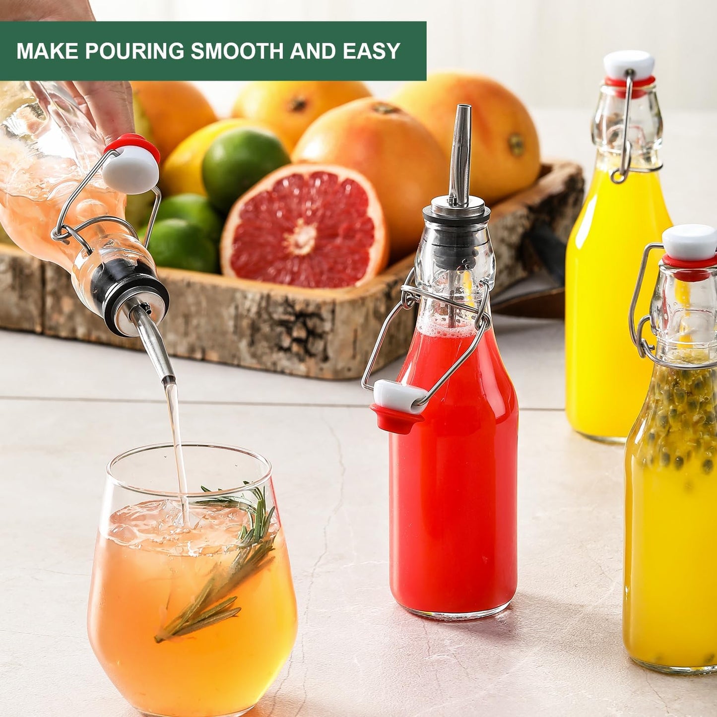 8-Pack 8.5oz Flip Top Glass Bottles, Swing Top Beer Brewing Bottle for Fermentation, Kombucha, Kefir, Vanilla Extract, Coquito, Juice, Soda, Tea - Airtight Stopper Cap Lid, Bonus 2 Bottle Pourers