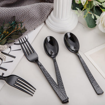 KIRE 400PCS Black Plastic Spoons and Forks Disposable - Black Plastic Silverware Set Disposable Cutlery - 200 Forks, 200 Spoons for Halloween Party/Wedding