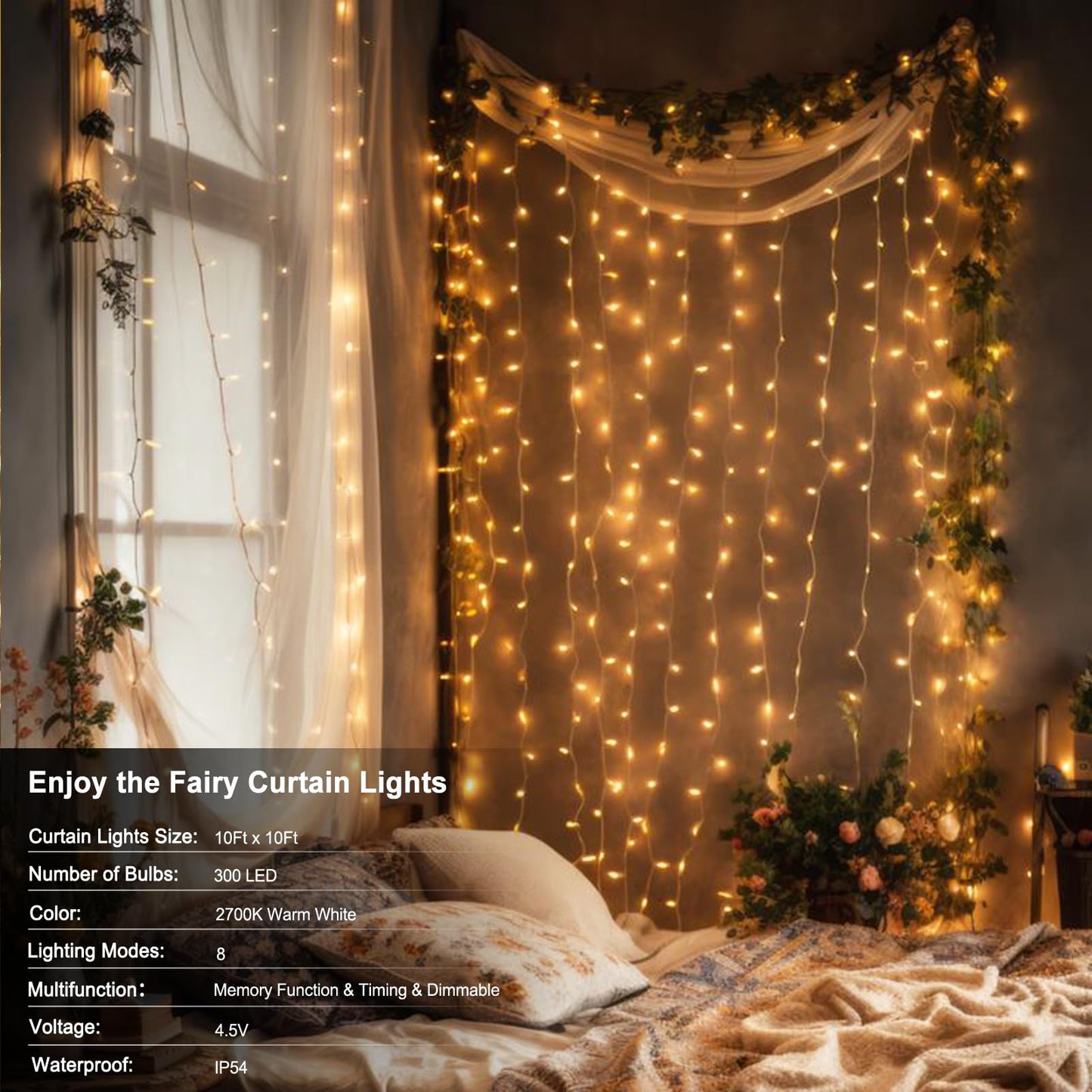echosari 300 LED Curtain Lights Battery Operated, 9.8ft×9.8ft Hanging Lights with Remote Timer Fairy Curtain Lights for Bedroom Patio Wedding Backdrop Party Decór (Warm White)