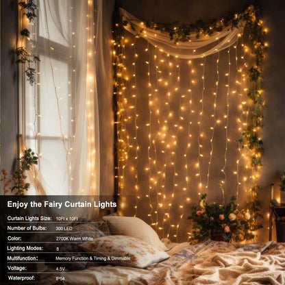 echosari 300 LED Curtain Lights Battery Operated, 9.8ft×9.8ft Hanging Lights with Remote Timer Fairy Curtain Lights for Bedroom Patio Wedding Backdrop Party Decór (Warm White)