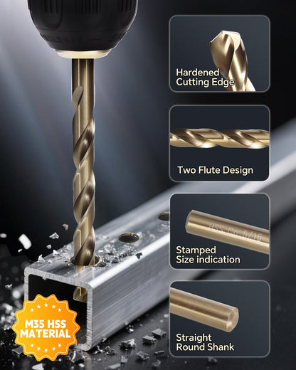 COMOWARE 21Pcs Drill Bit Set (1/16"-3/8"), M35 HSS Twist Drill Bits, Jobber Length, Straight Shank, Metal Drills bit Set for Steel, Stainless Steel/Iron/Wood/Plastic, with Metal Indexed Storage Case