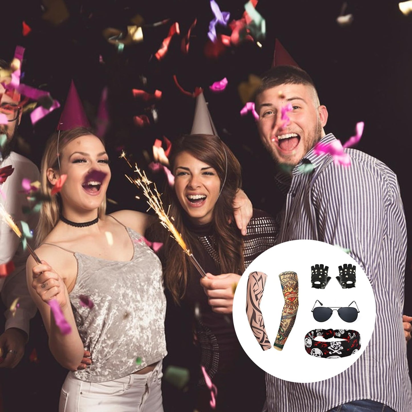 7 Pcs Rocker Costume Men's Wigs Black Curls Disco Costume Men's Party Costume Men with Wigs Sunglasses Beards Sleeves Gloves Headscarves for 70s 80s 90s, Medium