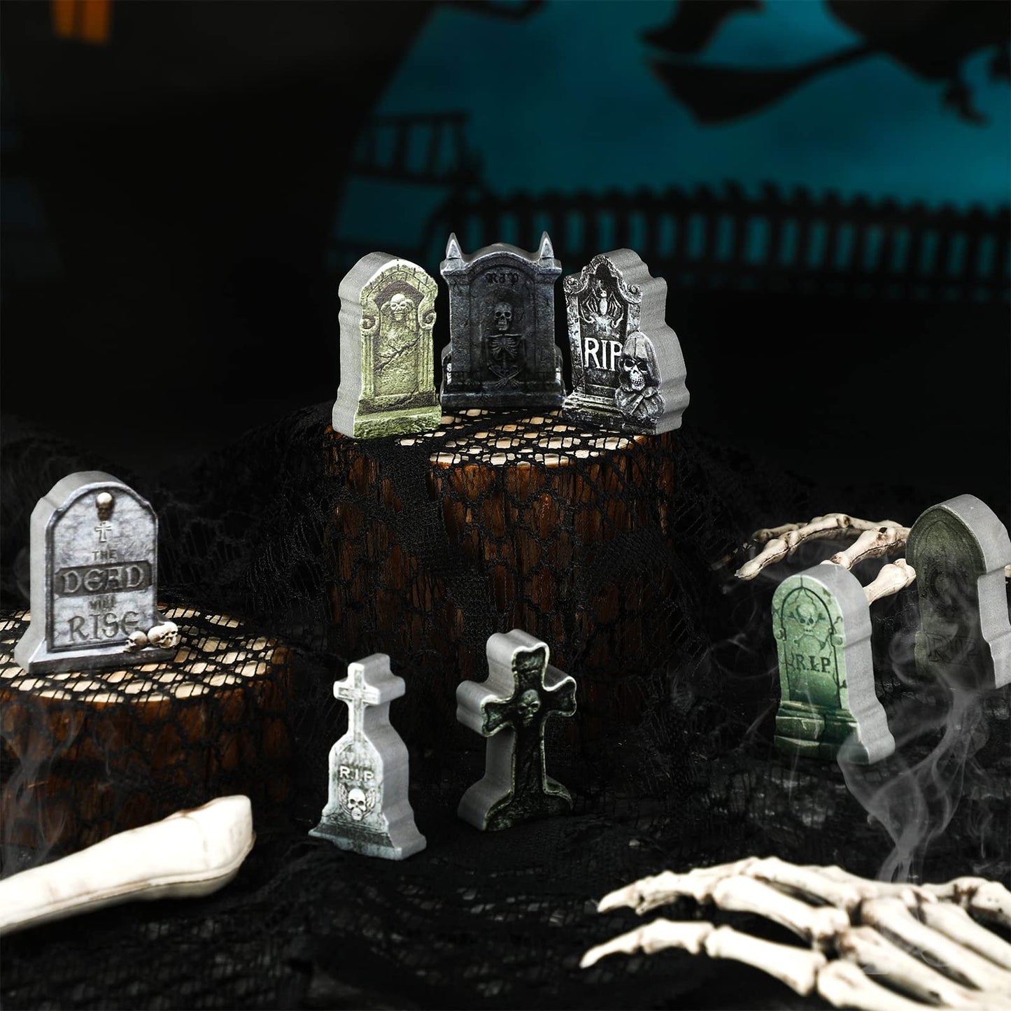 Kathfly 9 Pieces Halloween Miniature Tombstones Mini Village Tombstones Halloween Figurines Miniature Spooky Town for DIY Crafts Outdoor Home Garden Decor