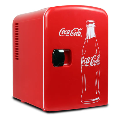 Coca-Cola Classic Coke Bottle 4L Mini Fridge w/ 12V DC and 110V AC Cords, 6 Can Portable Cooler, Personal Travel Refrigerator for Snacks Lunch Drinks Cosmetics, Desk Home Office Dorm, Red