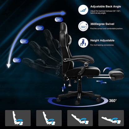 ELECWISH Gaming Chair, Reclining Computer Chair with Footrest and Lumbar Support, High Back Ergonomic for Adults with Headrest PU Leather