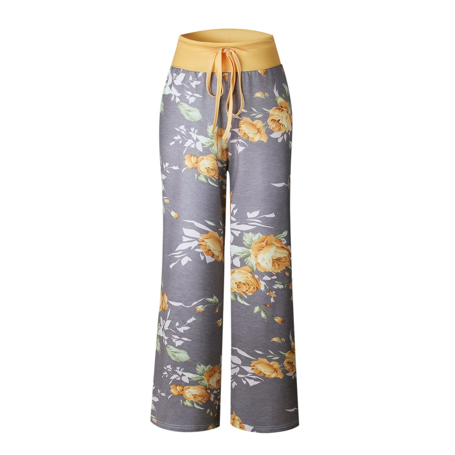iChunhua Women's Comfy Stretch Floral Print Drawstring Palazzo Wide Leg Lounge Pants(XL,Yellow)