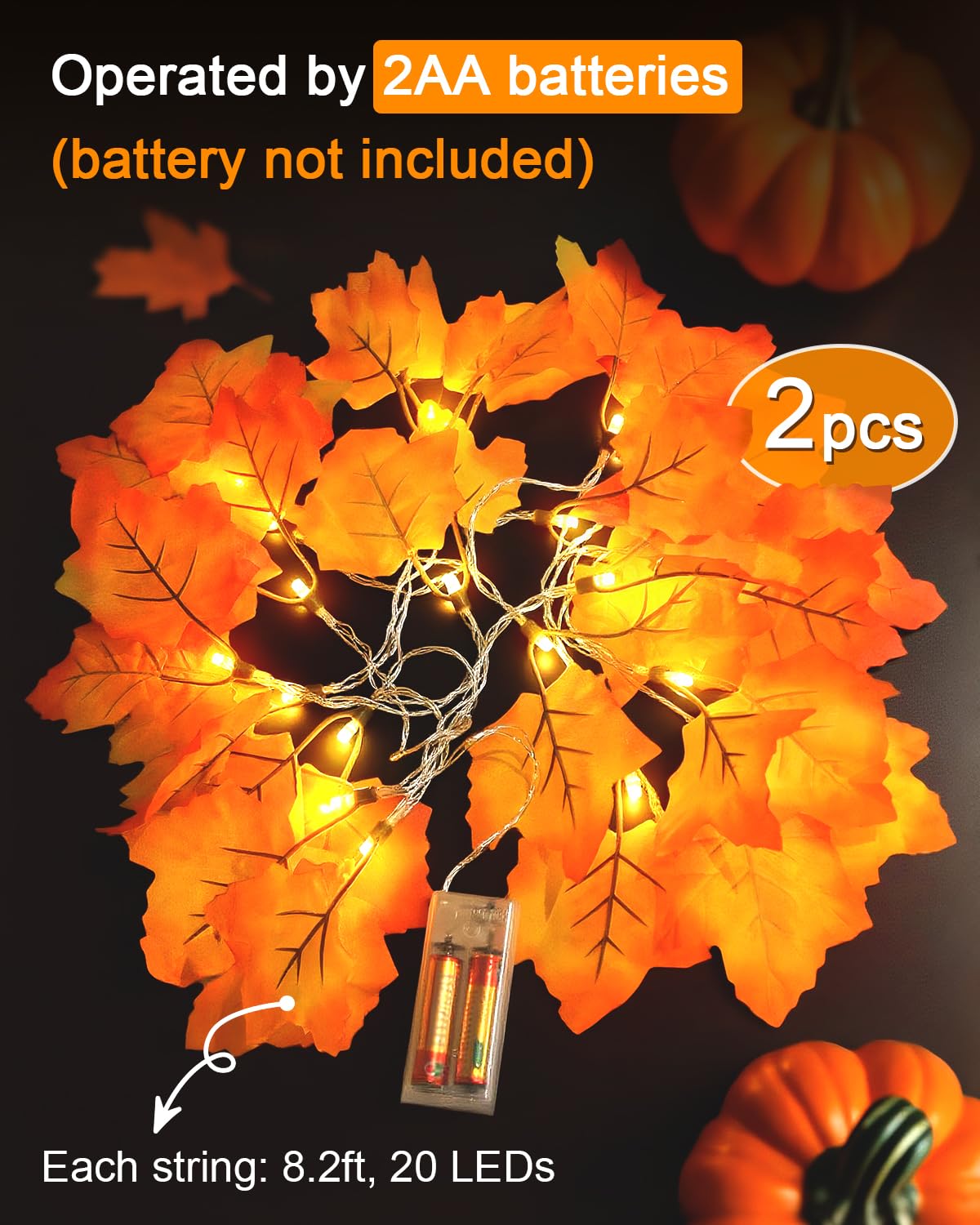 Fall Decor 2 Pack Lighted Fall Garland, Total 16.4ft 40 LED Thanksgiving Decorations Halloween String Lights, Friendsgiving Gift Thanksgiving Decor for Home Holiday Autumn Garland Indoor