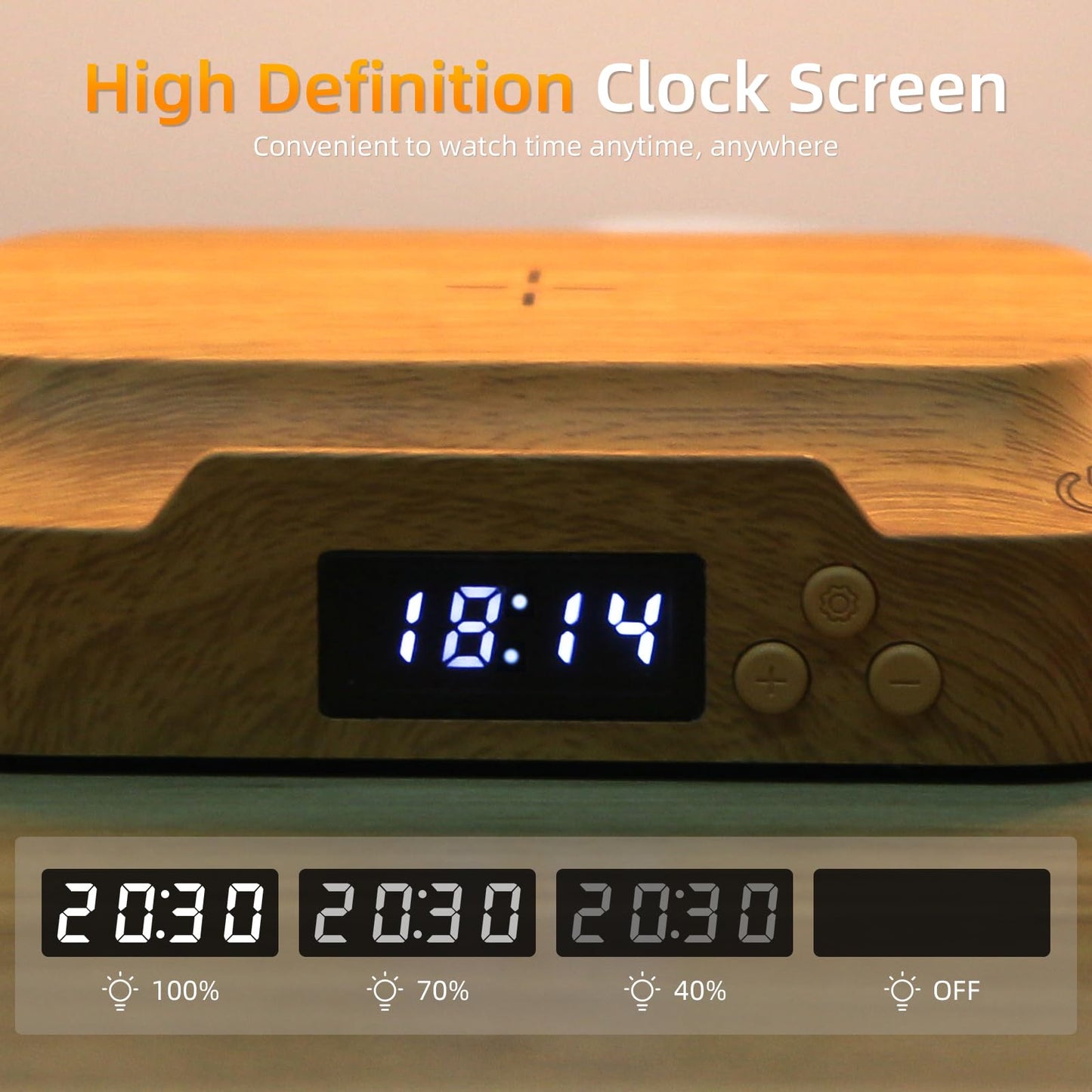 Hiwoor Bedside Table Lamp with 15w Wireless Charger, Touch Control LED Table Lamp with Clock and Phone Stands, Reading lamp 3 Modes and Stepless Dimming for Night lamp for Kids and Adults