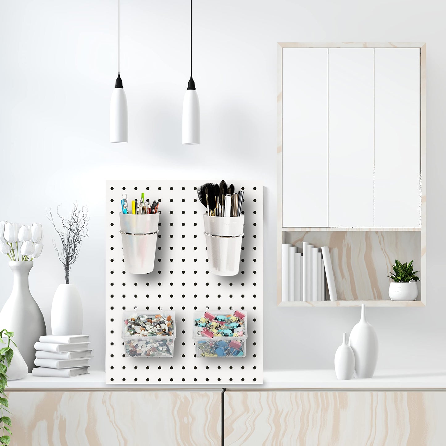 Kuhome 6 Sets Pegboard Bins and Cups with Pegboard Hooks, Pegboard Accessories Baskets, Hooks for Pegboard Cup Holder for Organizing Craft Tools Storage Garage Office Workbench Transparent