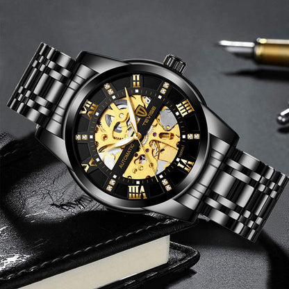 Dentily Mechanical Men's Watch Stainless Steel Skeleton Automatic Watch Waterproof Business Watches for Men