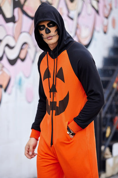COOFANDY Pumpkin Jumpsuits Halloween Onesie Hooded Romper (Orange Pumpkin XXL)