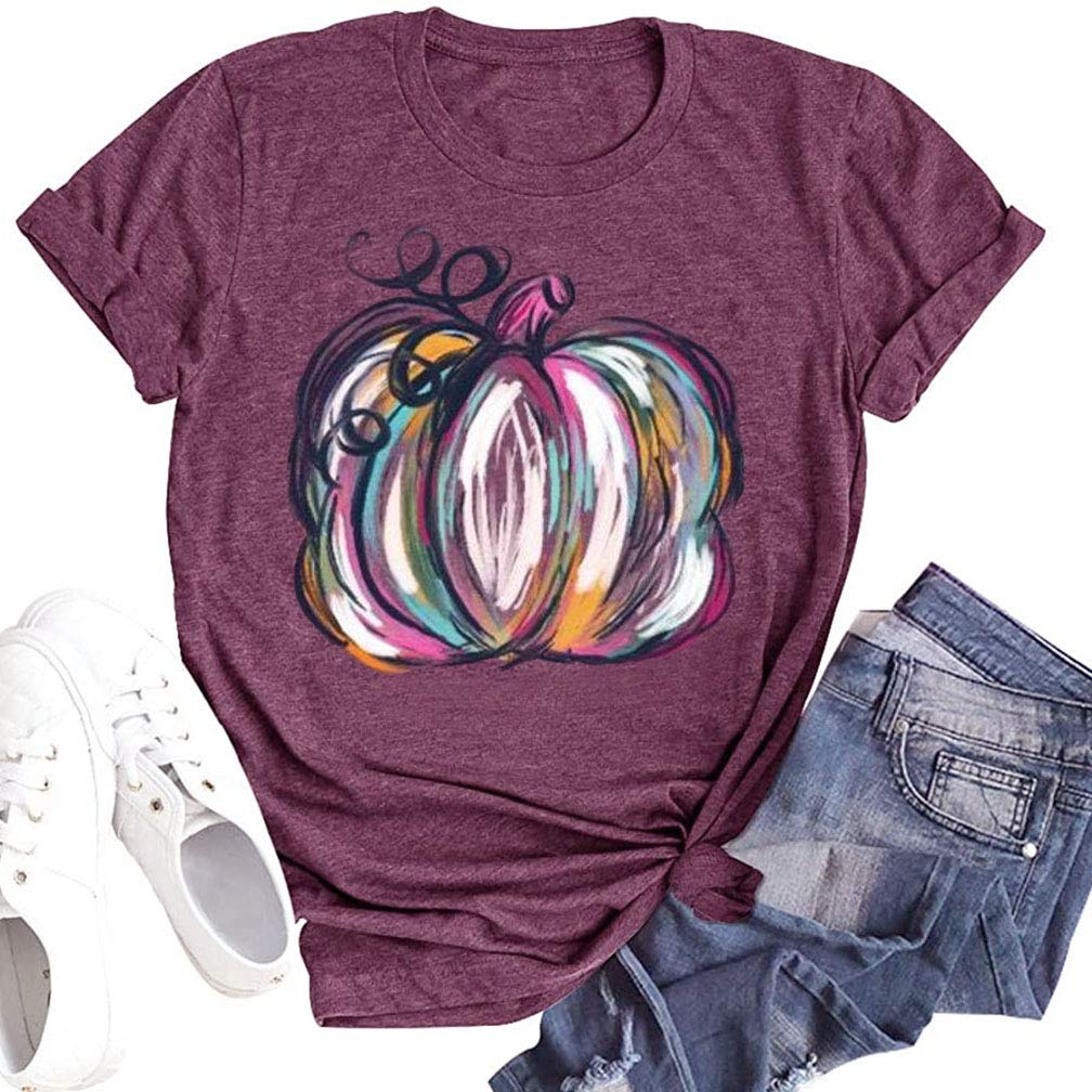 Halloween Pumpkin Shirt Women Fall Graphic Tees Short Sleeve Autumn T-Shirt Thanksgiving Gift Tops (Purple 2, L)