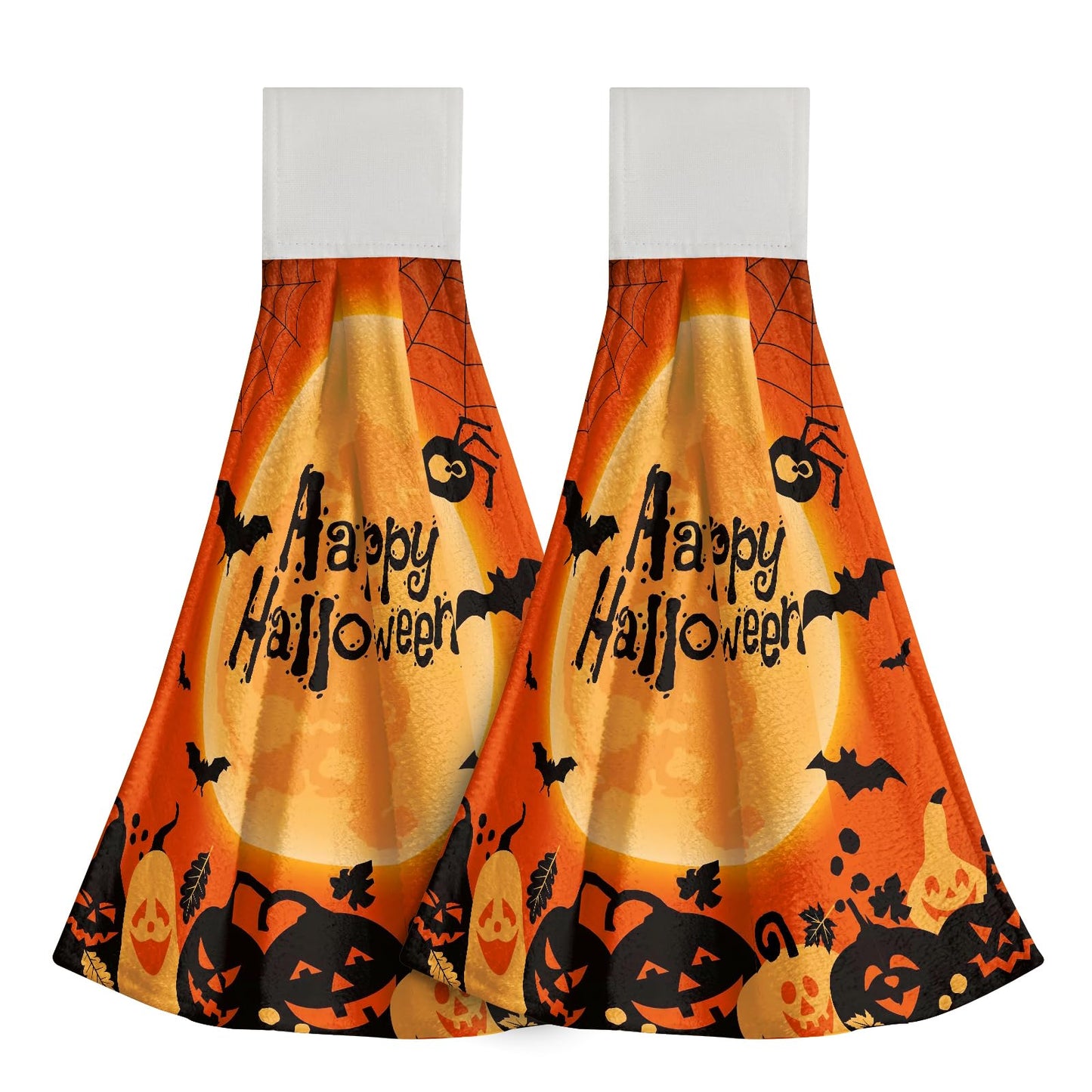 Giwawa Happy Halloween Hanging Kitchen Towels Set of 2 Spooky Pumpkin Bat Hand Tie Towel with Loop Scary Moon Orange Fast Drying Dish Tea Towels for Bathroom Tabletop Home Decor