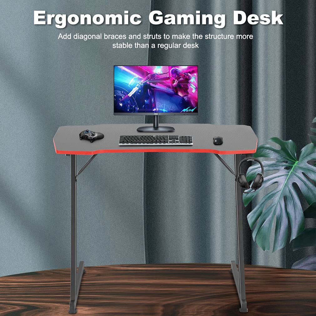 Gmaing Desk 35.4in PC Computer Desk Z Shaped Gaming Workstation Ergonomic Gaming Table with Headphone Hook for Home Office, Red