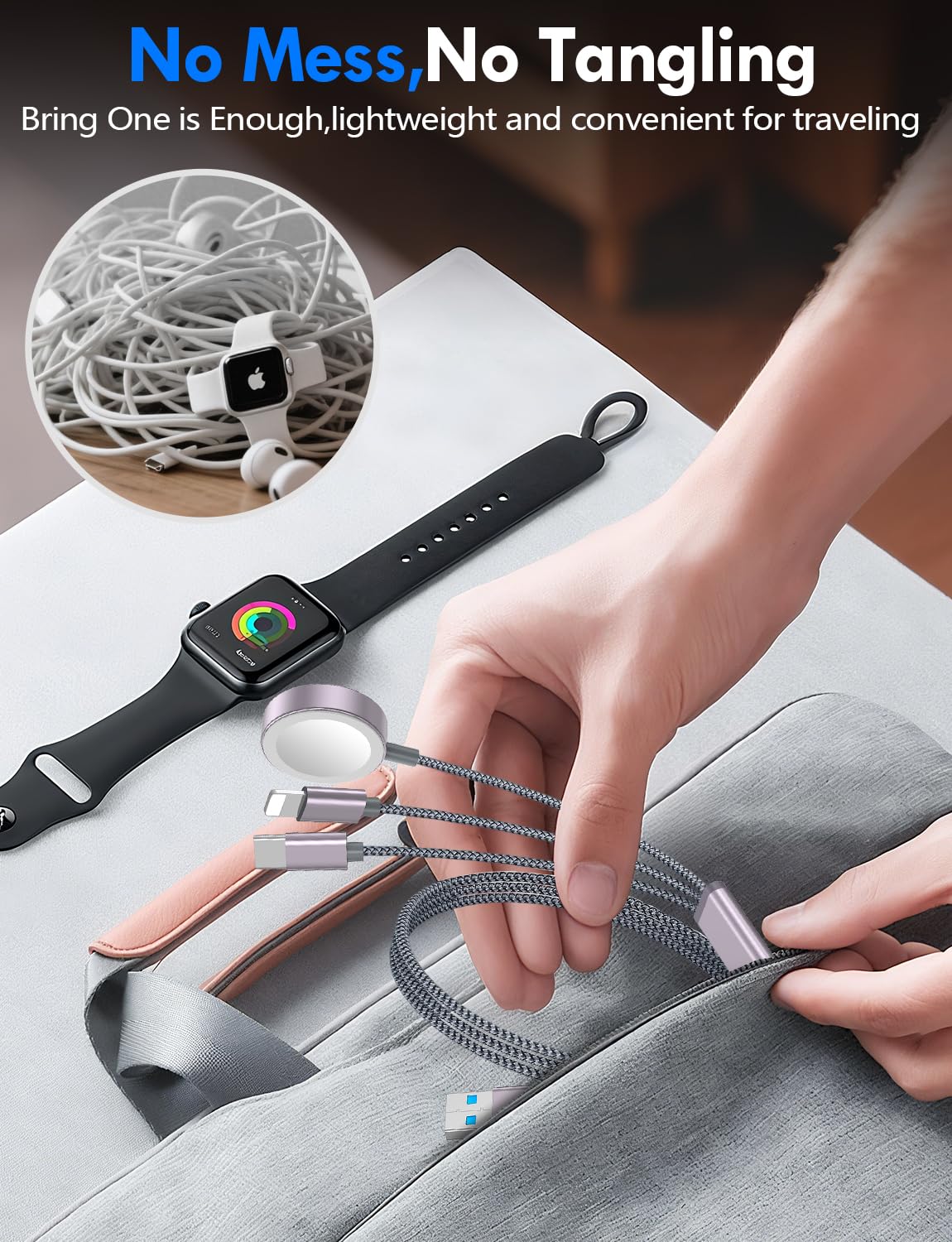 2Pack Multi Fast Charging Cable for Travel Vacation Essentials,iPhone 17 Charger,Apple Watch Charger,3-in-2USB A/Type C/Lightning Cable for iWatch,iPhone 17-11,Nintendo Switch,Airpods,Home,Office-4FT