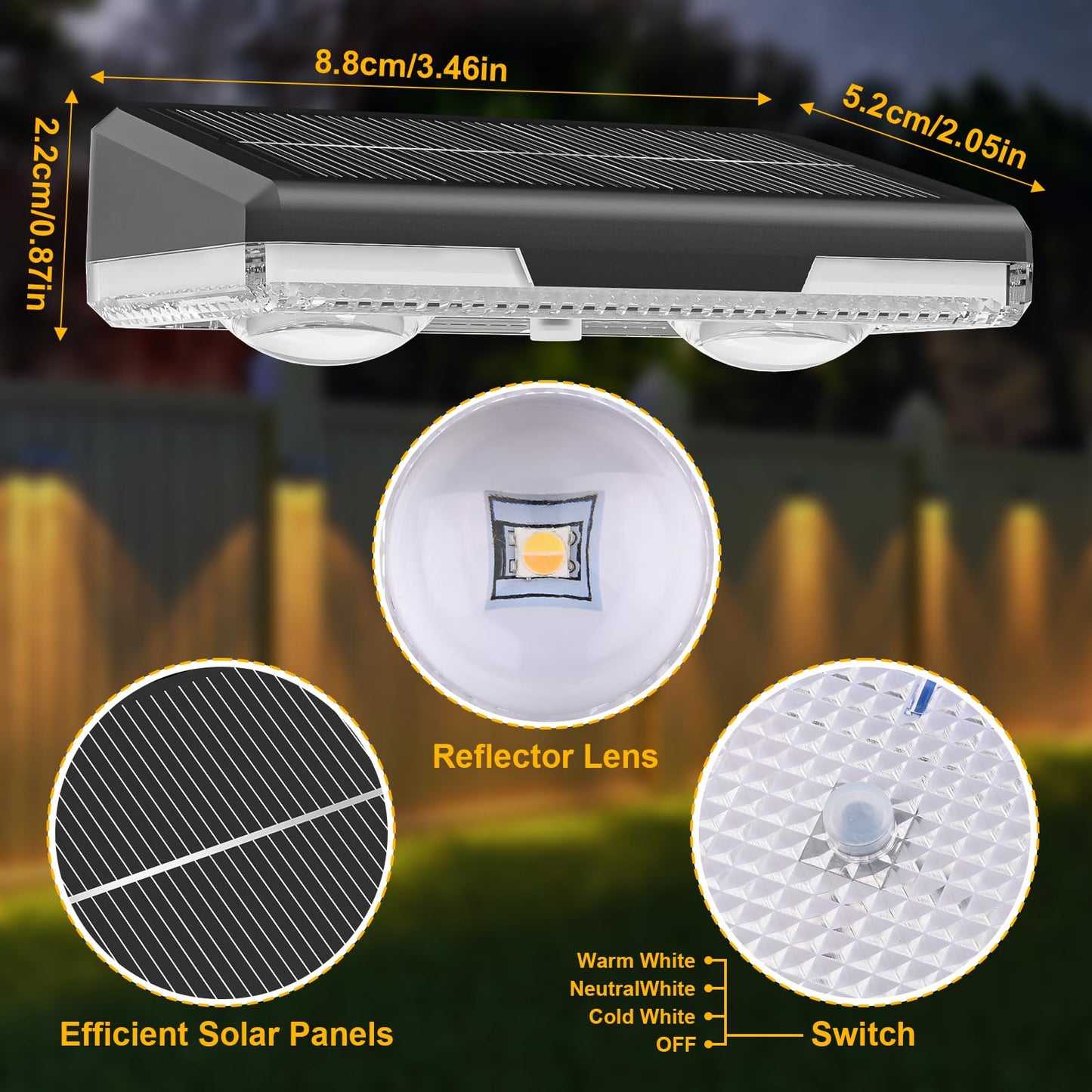 JeTuvlie Solar Fence Lights Outdoor, 8 Pack LED Fence Lights, 3000/4000/6000K 3 Mode, IP65 Waterproof,Solar Wall Lights for Outside, Backyard/Step/Deck Fence/Stair Railing/Patio