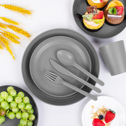 EI 42pcs Wheat Straw Dinnerware Set,Reusable Plastic Plates Unbreakable,Plates and Bowls Sets for College Dorm Room,Camping,Picninc,Halloween