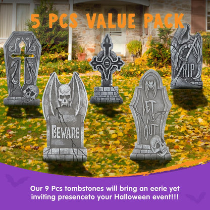 JOYIN 17" Halloween Decorations Outdoor Tombstones, 5 Pack Halloween Graveyard Foam Headstones Decor with 12 Metal Stakes for Prop Cemetery Yard Lawn Decorations, Party Supplies