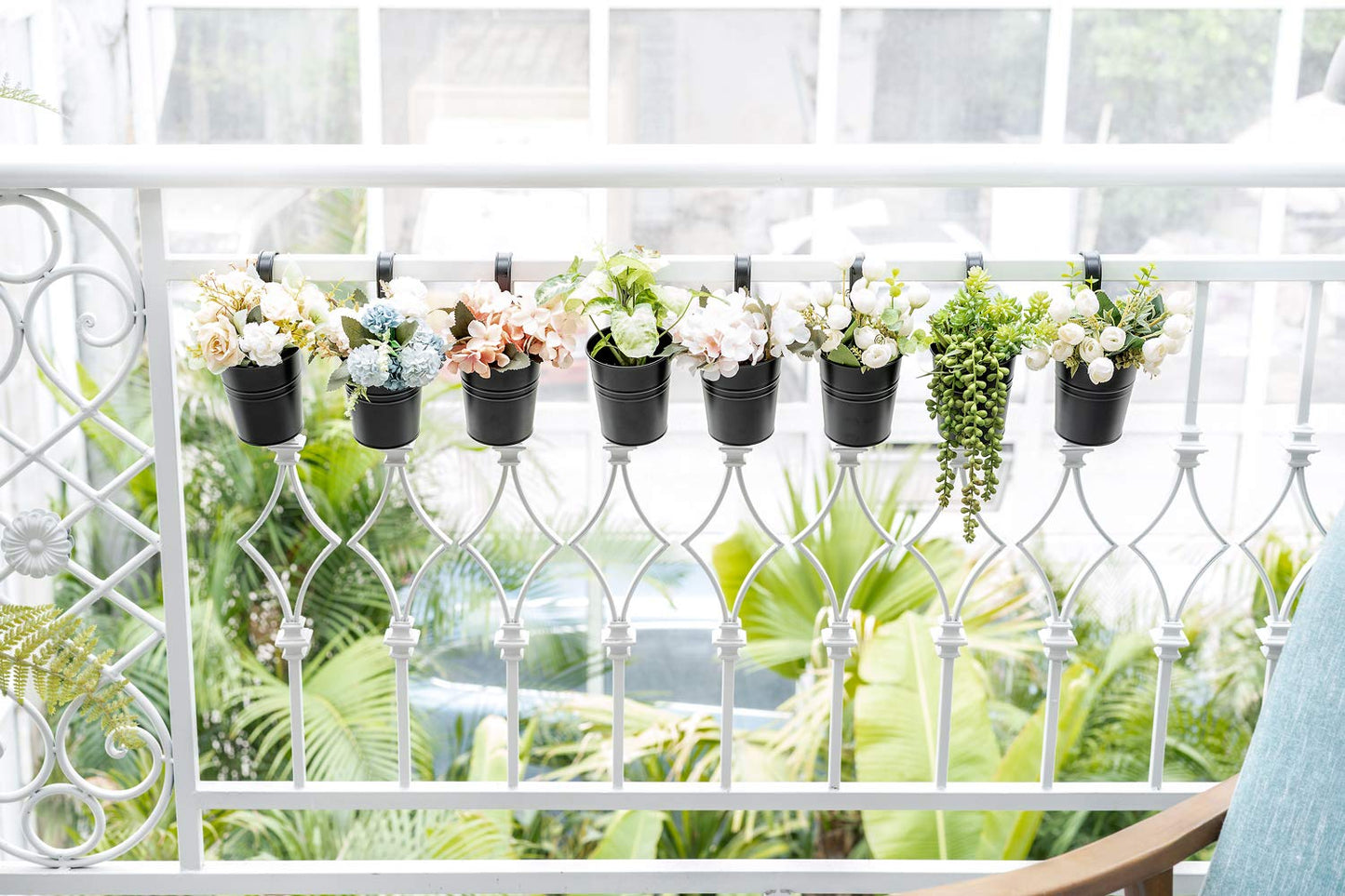 Dahey 10 Pcs Hanging Flower Pots Metal Iron Bucket Planter for Railing Fence Balcony Garden Home Decoration Flower Holders with Detachable Hooks, Black, 4 Inches