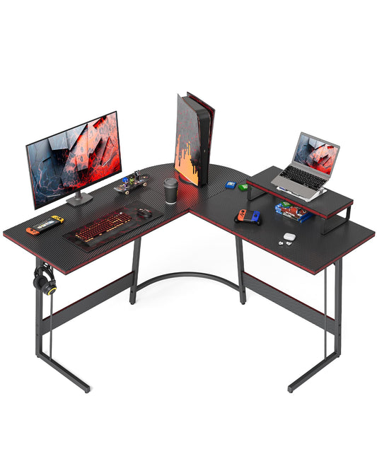 CubiCubi L Shaped Gaming Desk Computer Office Desk with Carbon Fiber Surface, 47 inch Corner Desk with Large Monitor Stand for Home Office Study Writing Workstation, Black Carbon Fiber