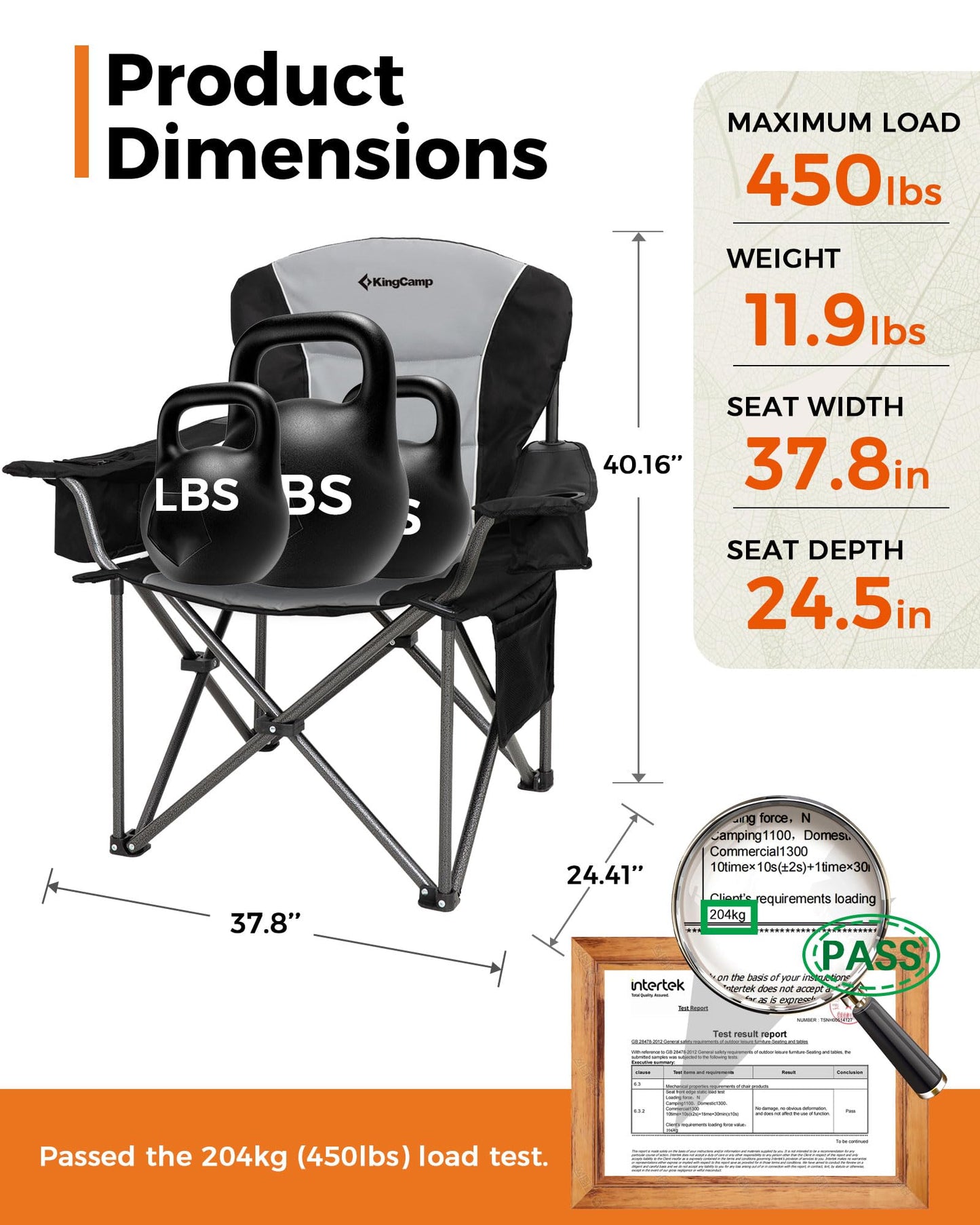 KingCamp Oversized Camping Folding Chair, Heavy Duty 450 LBS with Lumbar Support, Padded seat with Cup Holder&Cooler Bag, Ideal for Camp, Fishing, Sports Event, Backyard, Patio, Lawn (Black/Grey)