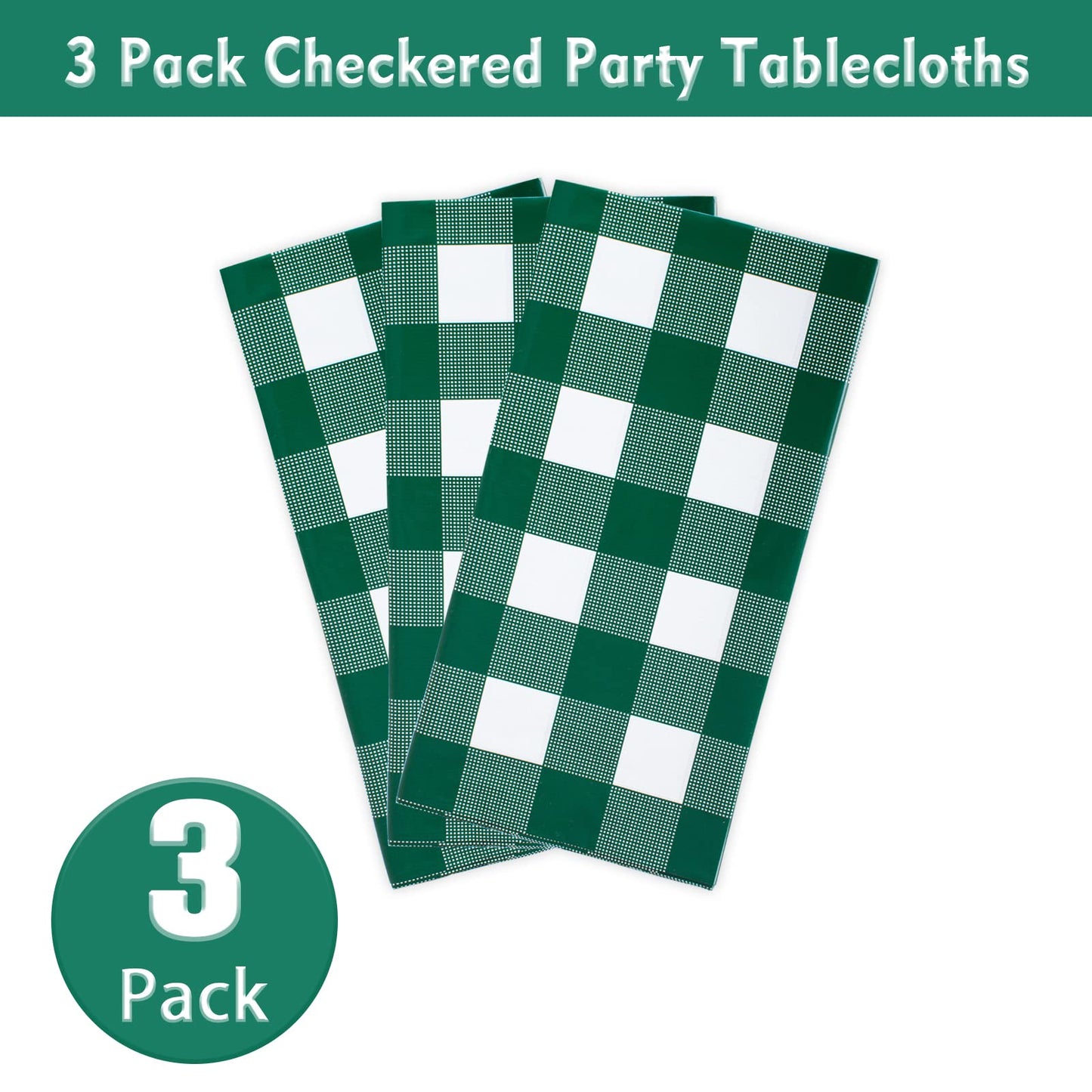 Kesfey 3 Packs Green and White Checkered Tablecloths 54 x 108 Inches Disposable Plastic Gingham Tablecovers Waterproof Rectangle Picnic Party Table Covers for Birthday Party Supplies Christmas