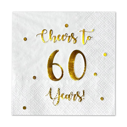 Cheers to 60 Years Cocktail Napkins | Happy 60th Birthday Decorations for Men and Women and Wedding Anniversary Party Decorations | 50-Pack 3-Ply Napkins | 5 x 5 inch folded (White)